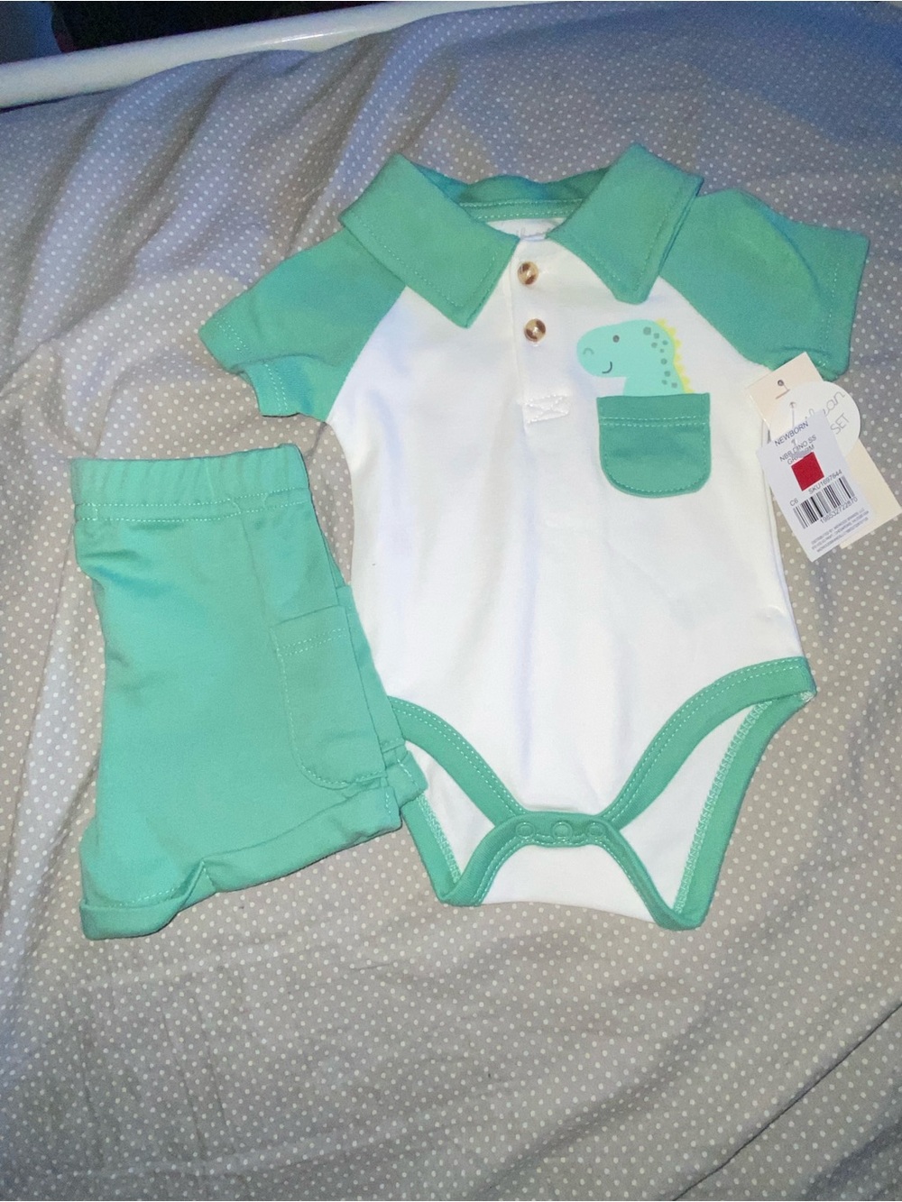 Gymboree White and Mint Green Dino Polo Bodysuit with Mint Shorts